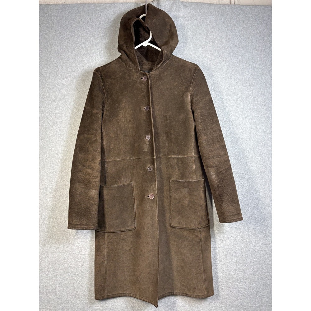 Kenneth Cole Reaction Womens S Brown Leather Shearling Hooded Long Coat